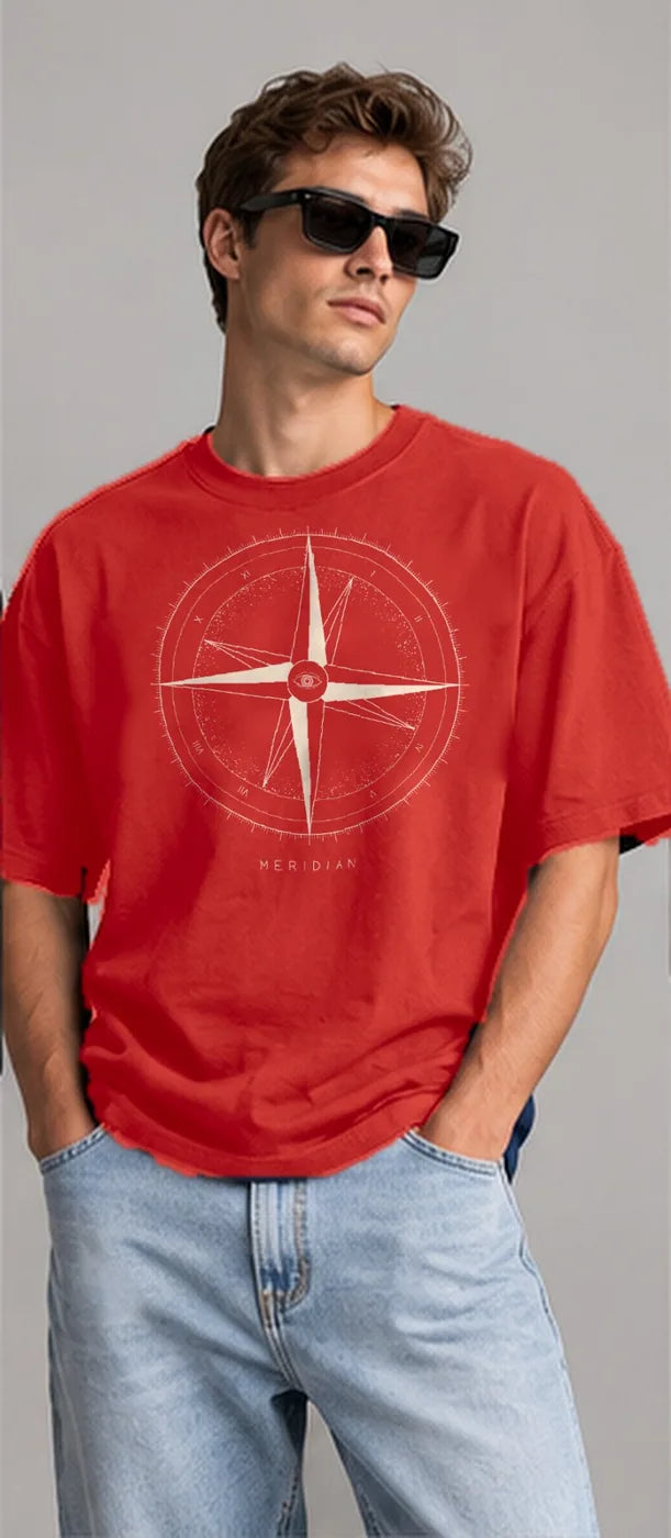 Model wearing the Oztra Meridian oversized tee in red