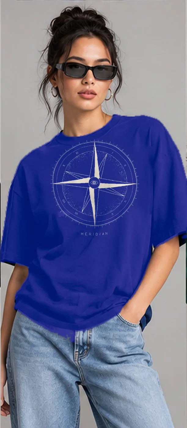Model wearing the Oztra Meridian oversized tee in royal blue