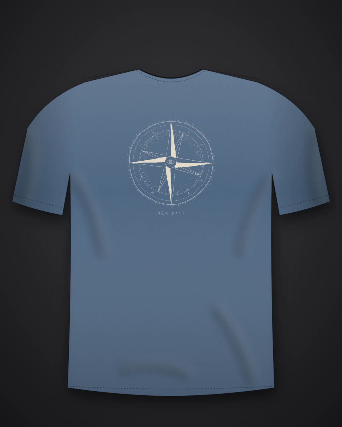 Oztra Meridian steel blue oversized tee, front view showing the Meridian print
