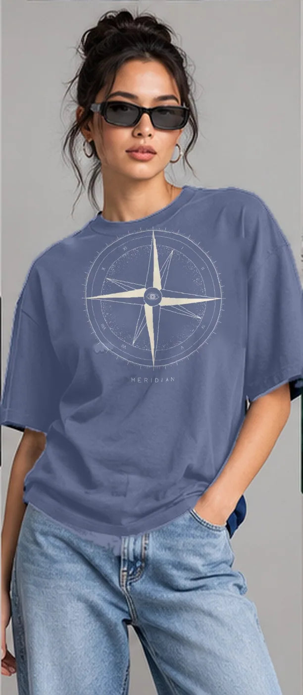 Model wearing the Oztra Meridian oversized tee in steel blue