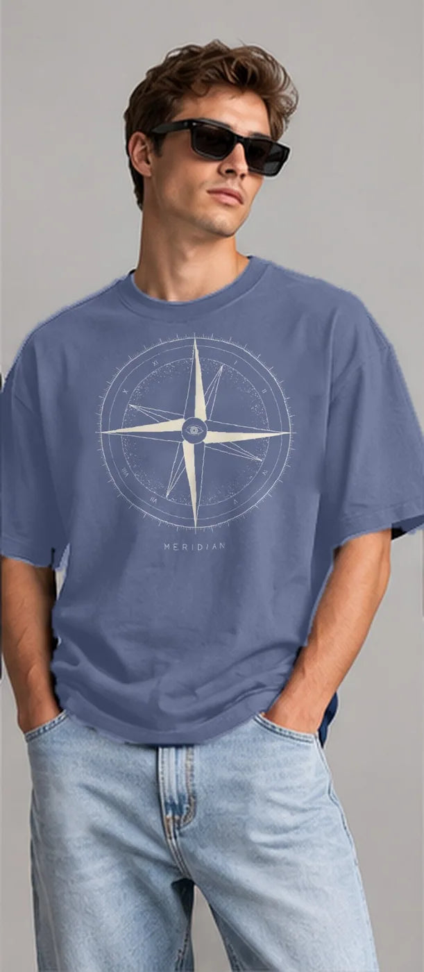 Model wearing the Oztra Meridian oversized tee in steel blue