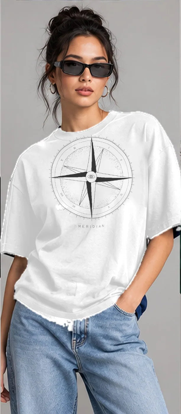 Model wearing the Oztra Meridian oversized tee in white