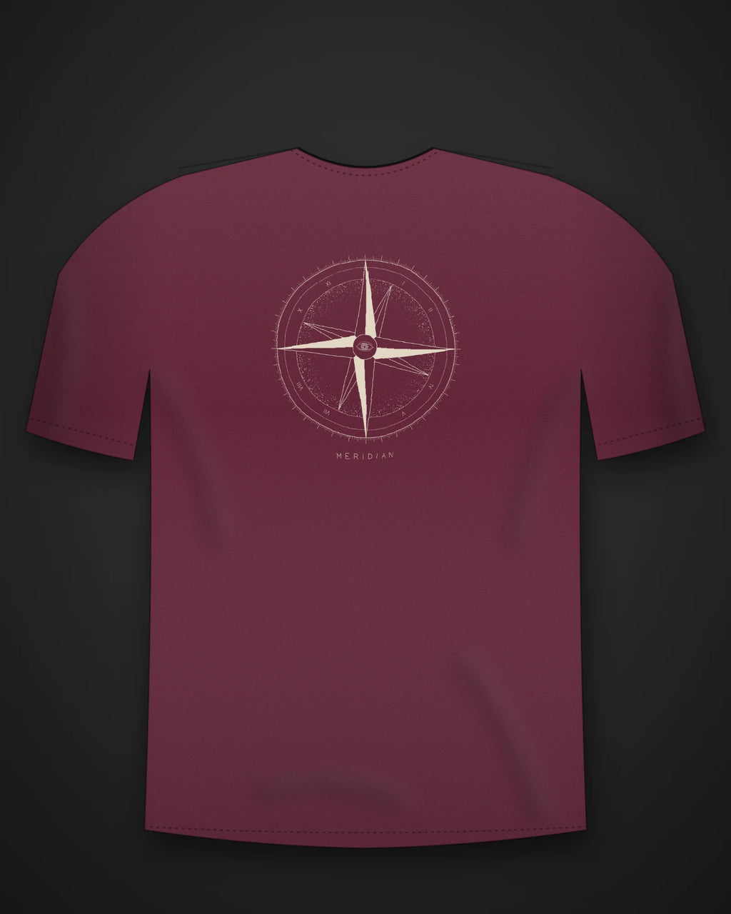 Oztra Meridian wine oversized tee, front view showing the Meridian print