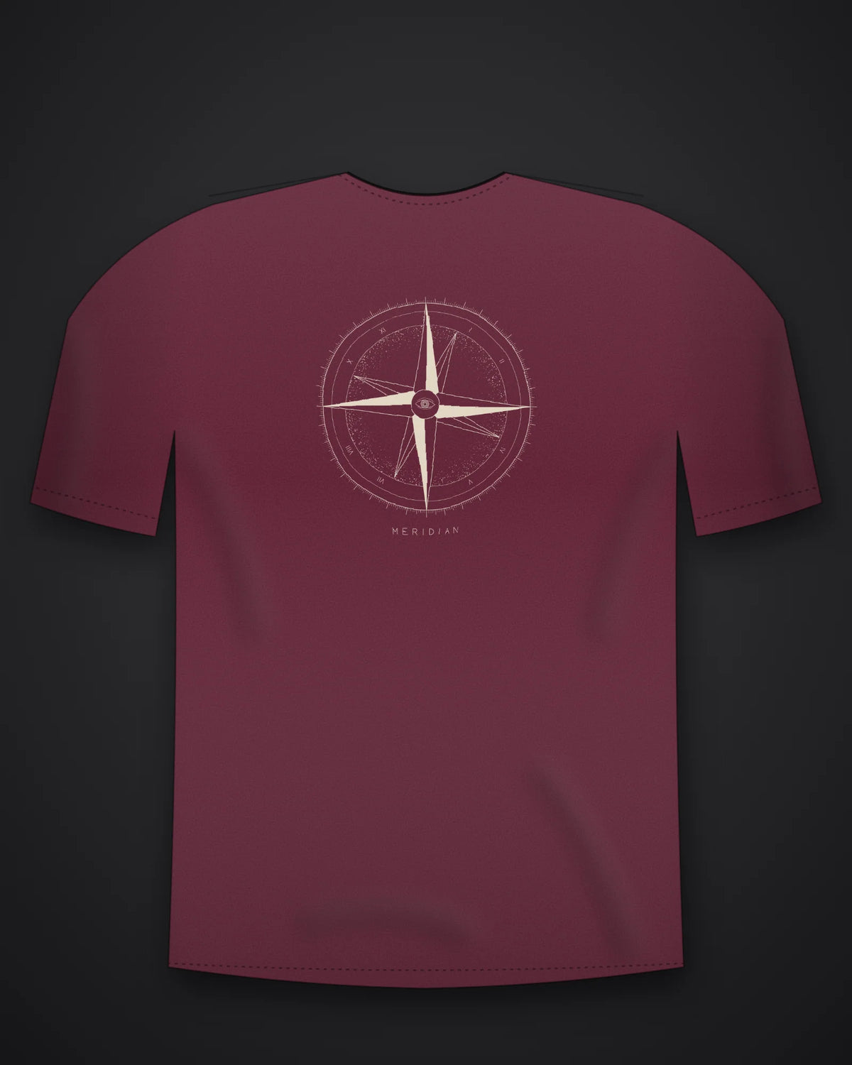 Oztra Meridian wine oversized tee, front view showing the Meridian print