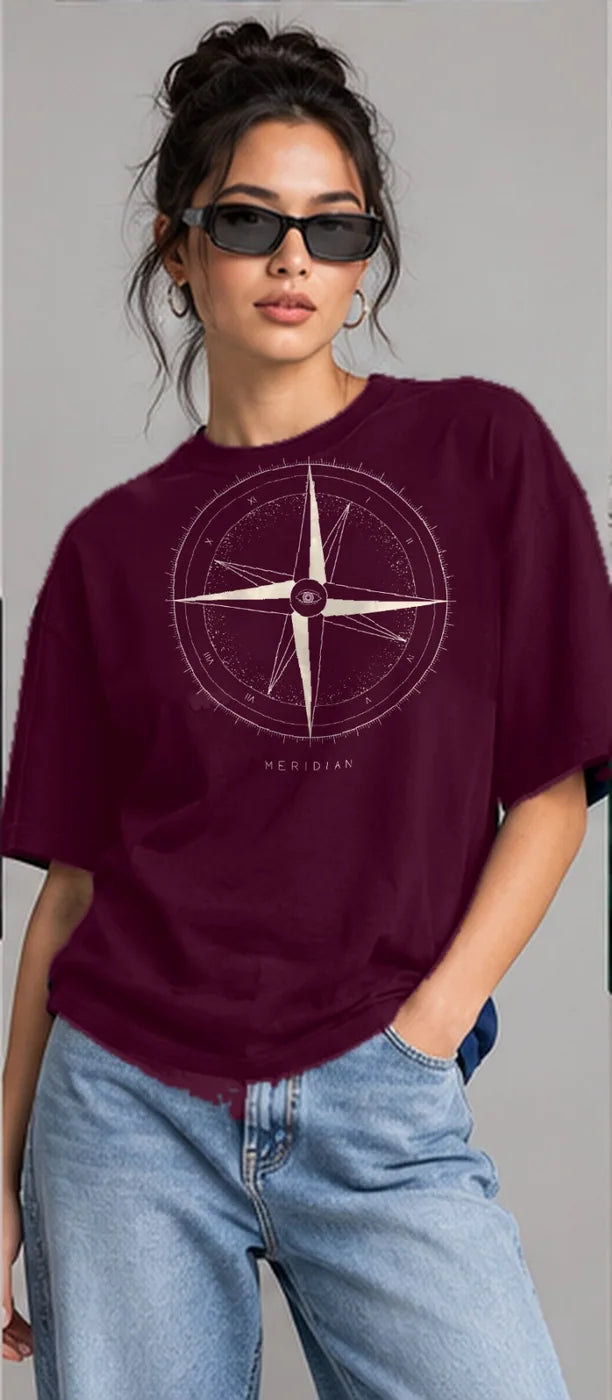 Model wearing the Oztra Meridian oversized tee in wine