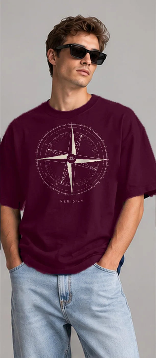 Model wearing the Oztra Meridian oversized tee in wine