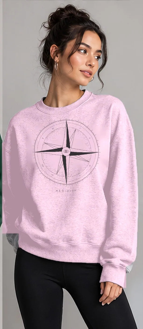 Model wearing the Oztra Meridian sweatshirt in baby pink