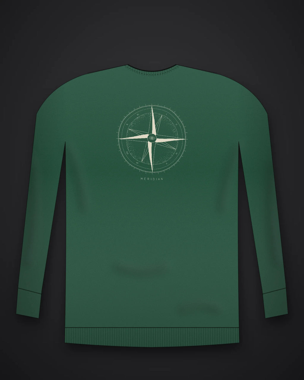 Oztra Meridian bottle green sweatshirt, front view showing the Meridian print