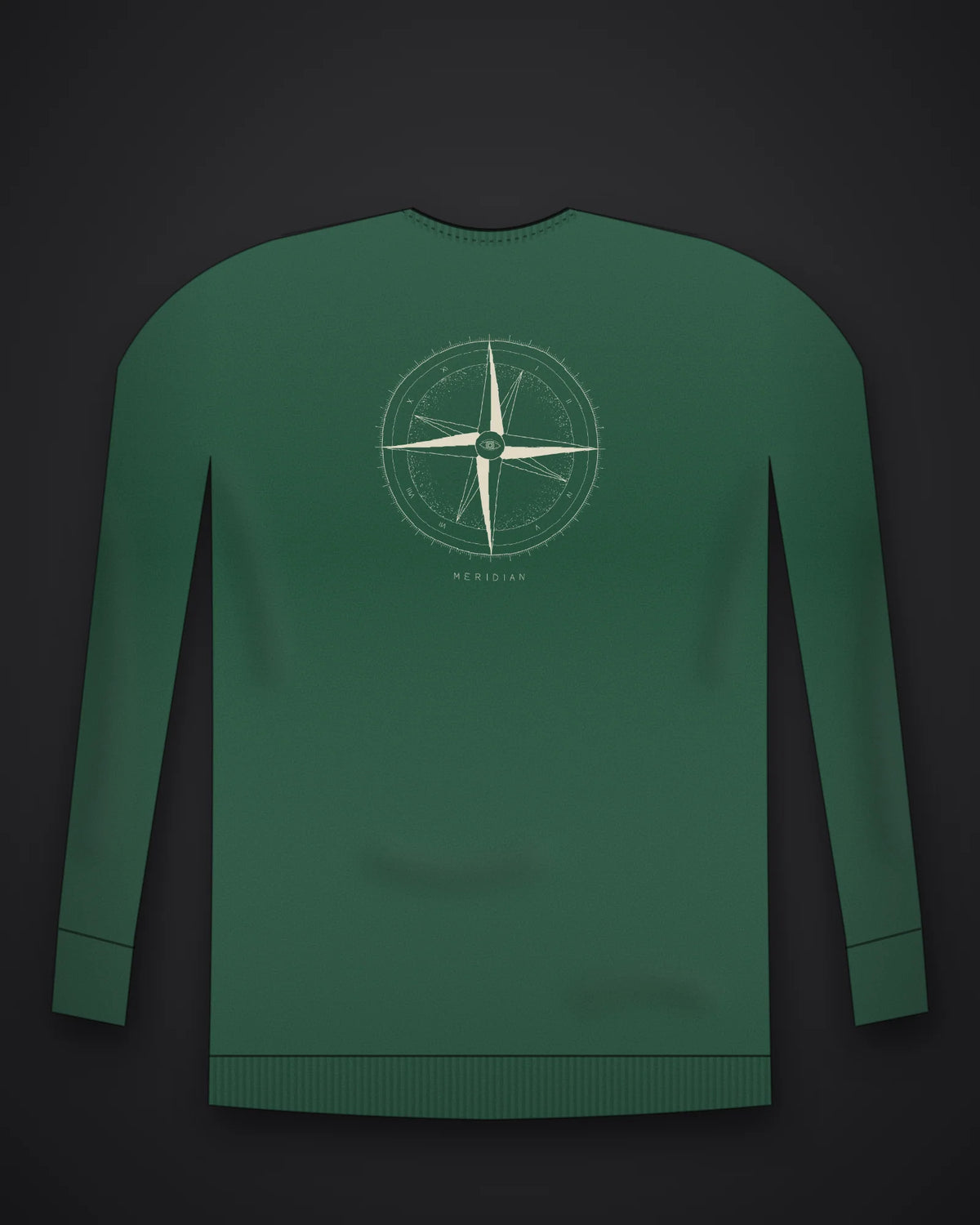 Oztra Meridian bottle green sweatshirt, front view showing the Meridian print