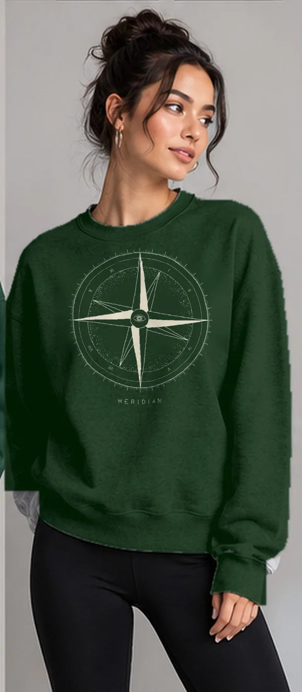 Model wearing the Oztra Meridian sweatshirt in bottle green