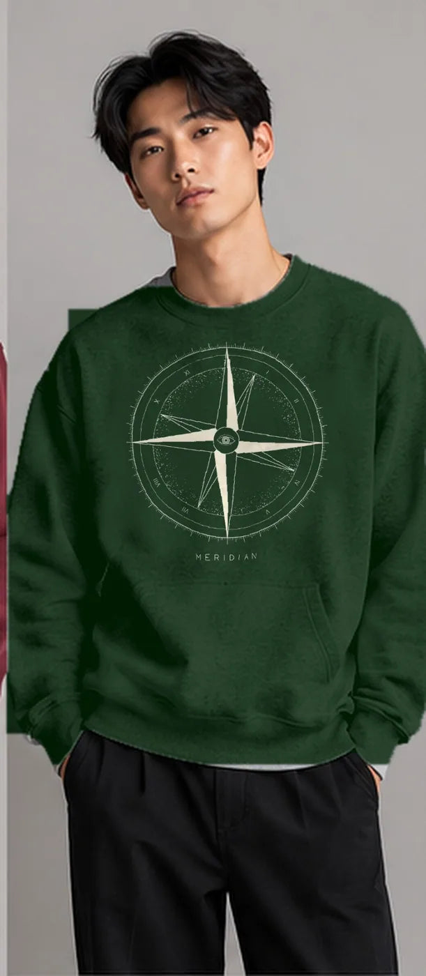 Model wearing the Oztra Meridian sweatshirt in bottle green