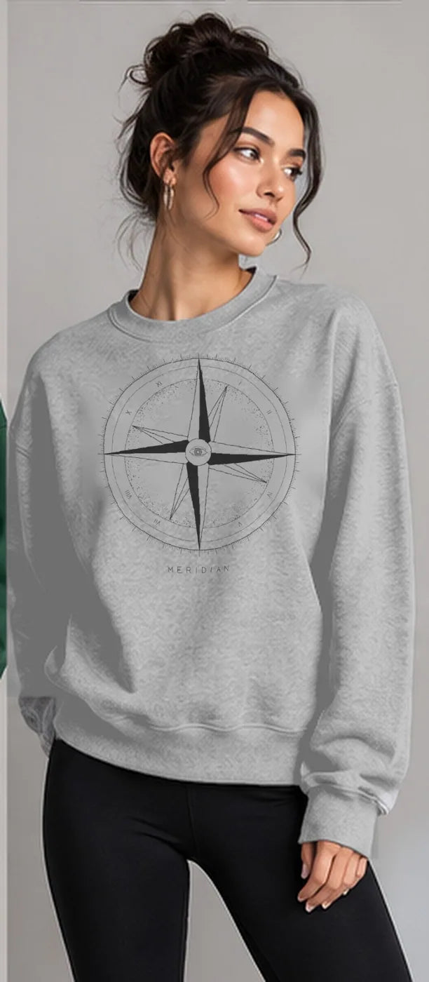 Model wearing the Oztra Meridian sweatshirt in grey melange