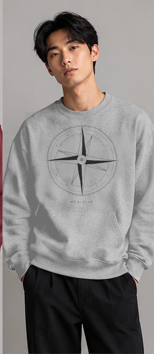 Model wearing the Oztra Meridian sweatshirt in grey melange