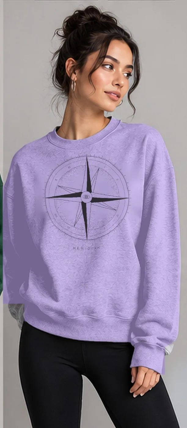 Model wearing the Oztra Meridian sweatshirt in lavender