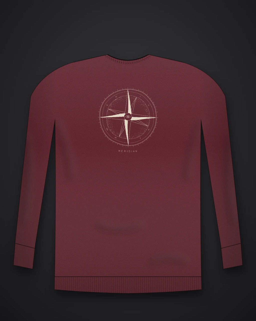 Oztra Meridian maroon sweatshirt, front view showing the Meridian print