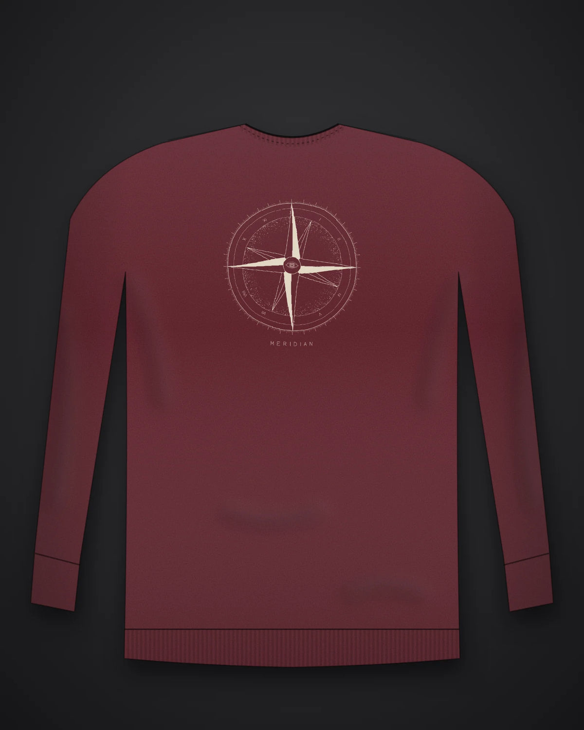 Oztra Meridian maroon sweatshirt, front view showing the Meridian print