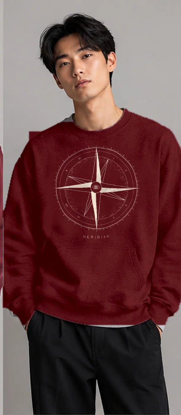 Model wearing the Oztra Meridian sweatshirt in maroon