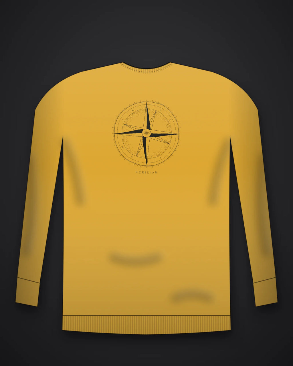 Oztra Meridian mustard sweatshirt, front view showing the Meridian print