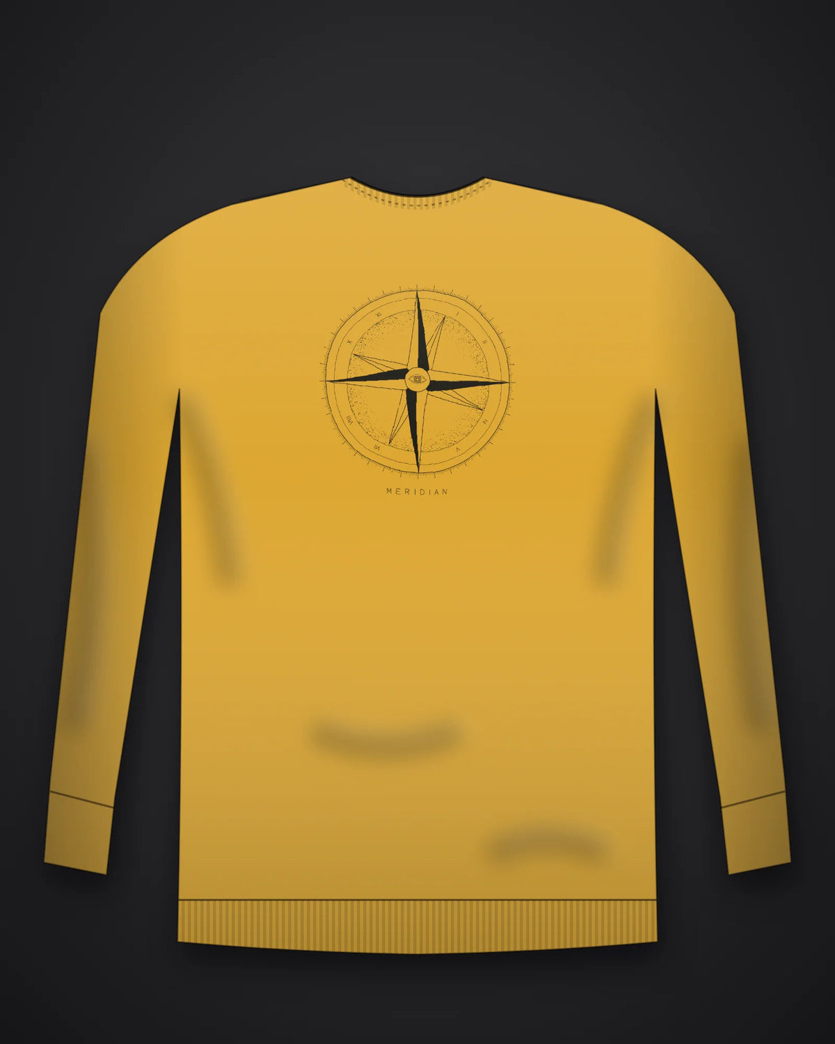 Oztra Meridian mustard sweatshirt, front view showing the Meridian print