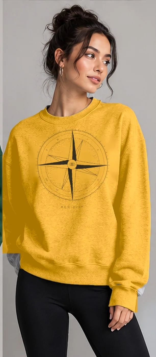Model wearing the Oztra Meridian sweatshirt in mustard