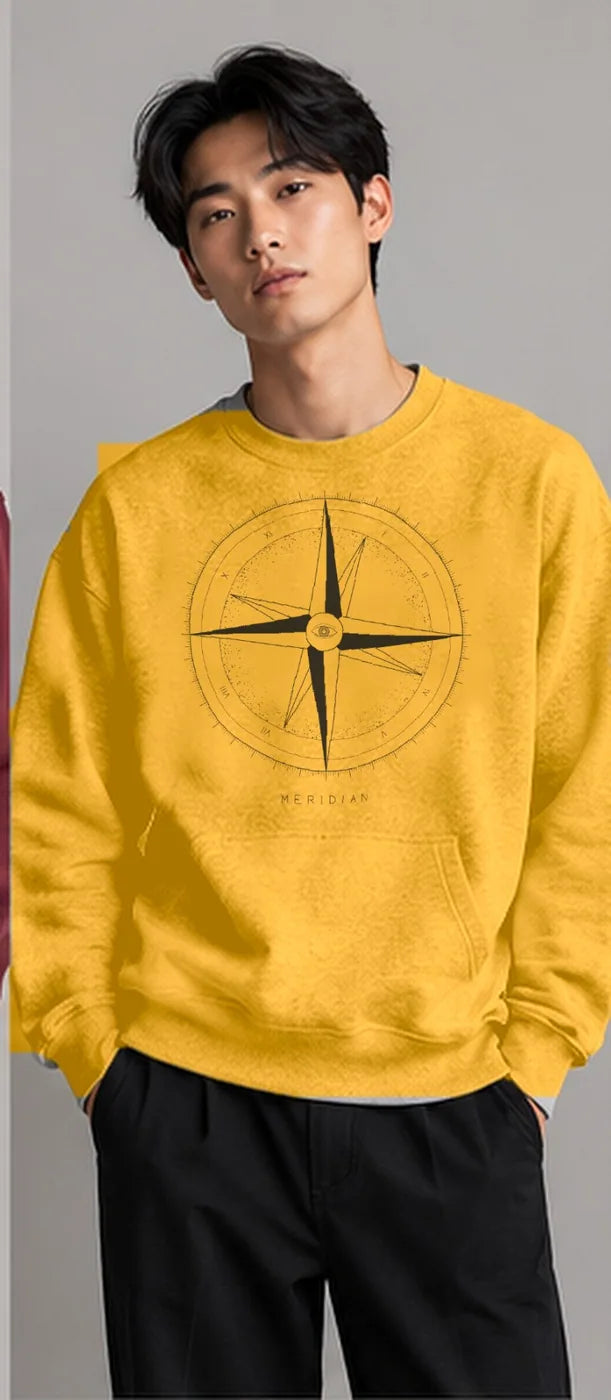 Model wearing the Oztra Meridian sweatshirt in mustard