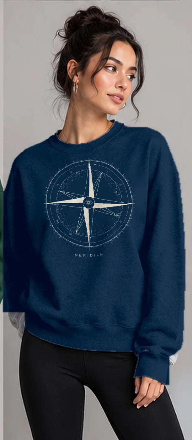 Model wearing the Oztra Meridian sweatshirt in navy
