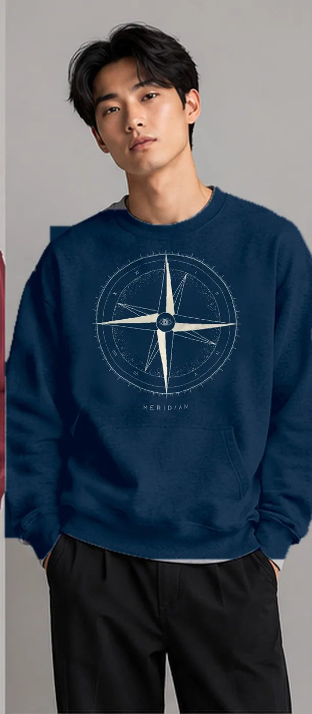 Model wearing the Oztra Meridian sweatshirt in navy