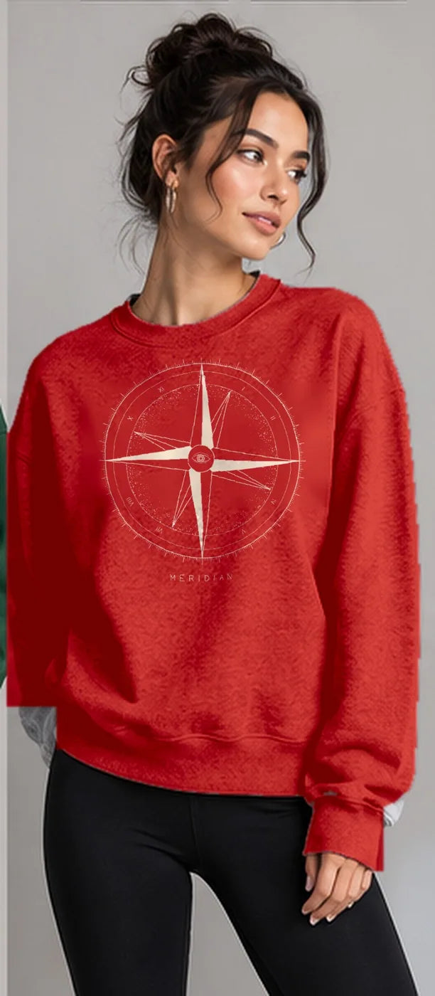 Model wearing the Oztra Meridian sweatshirt in red