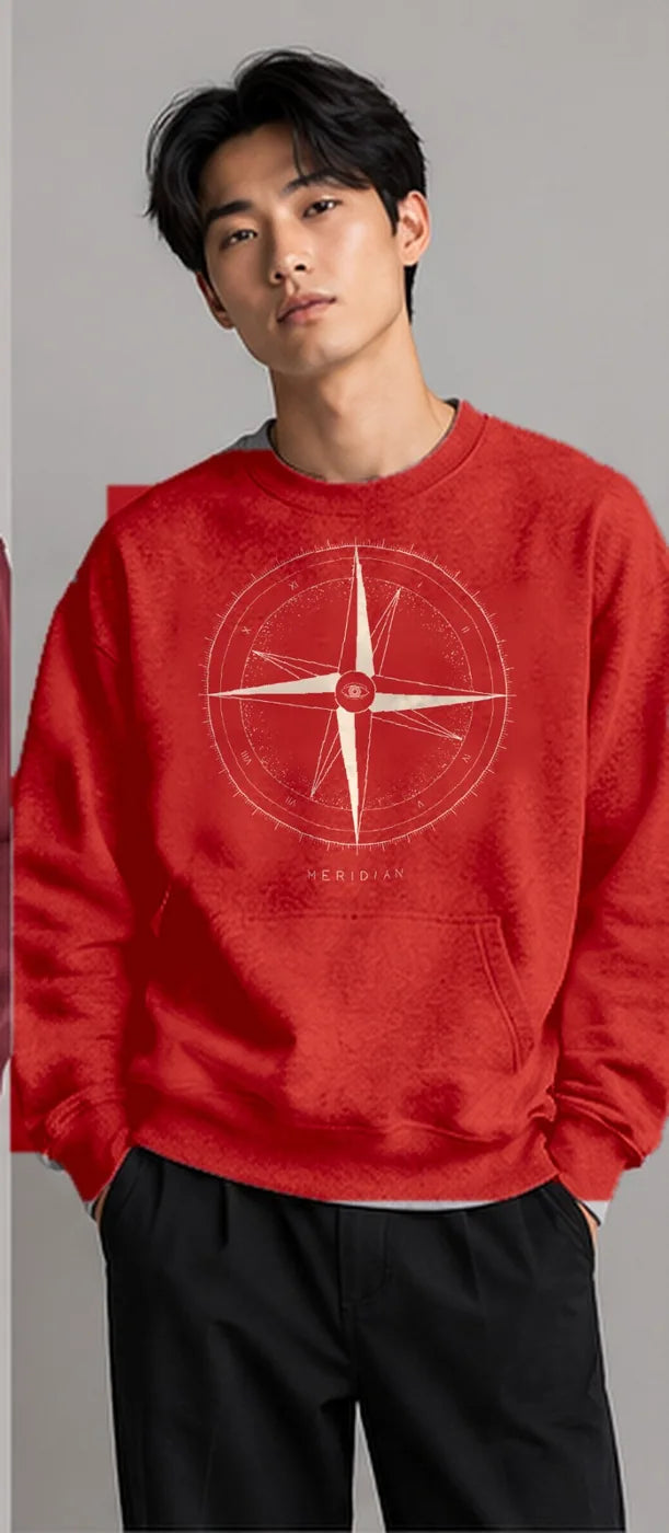 Model wearing the Oztra Meridian sweatshirt in red