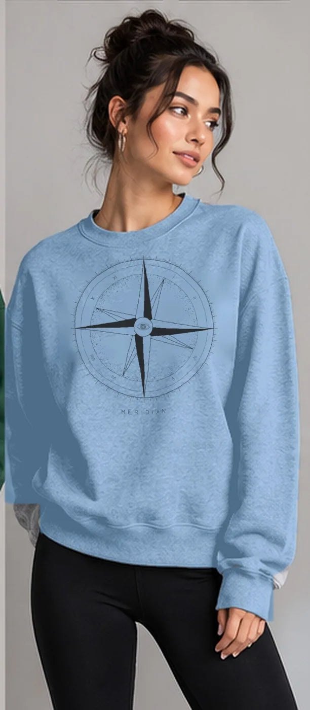 Model wearing the Oztra Meridian sweatshirt in sky blue