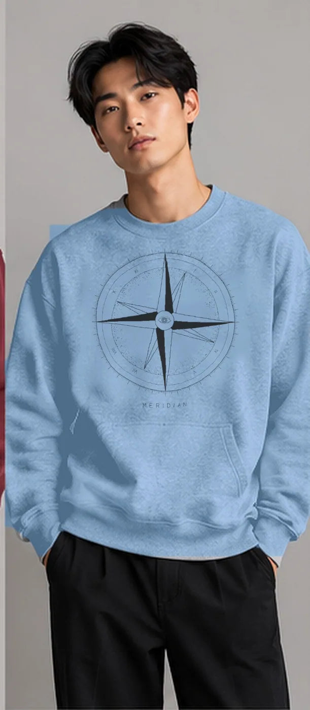 Model wearing the Oztra Meridian sweatshirt in sky blue
