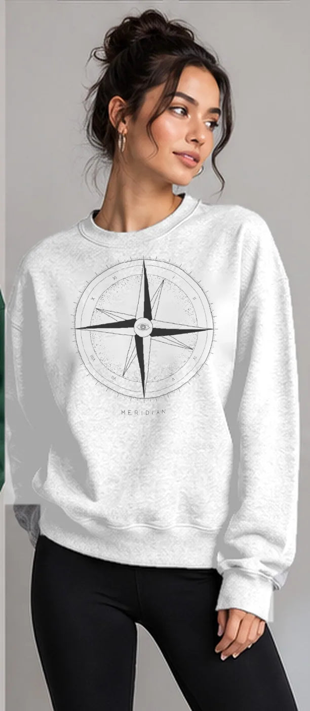 Model wearing the Oztra Meridian sweatshirt in white
