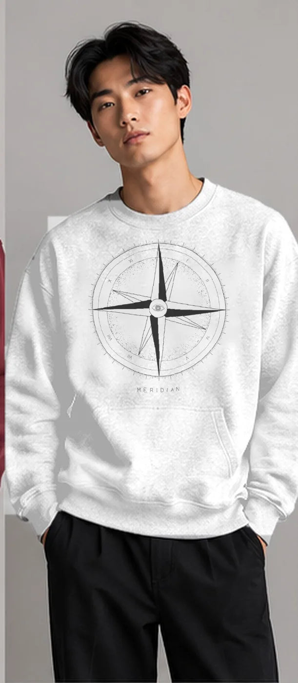 Model wearing the Oztra Meridian sweatshirt in white