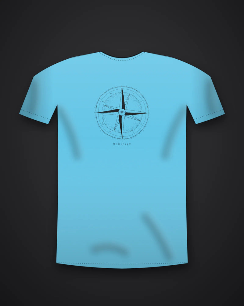Oztra Meridian aqua blue tee, front view showing the Meridian print