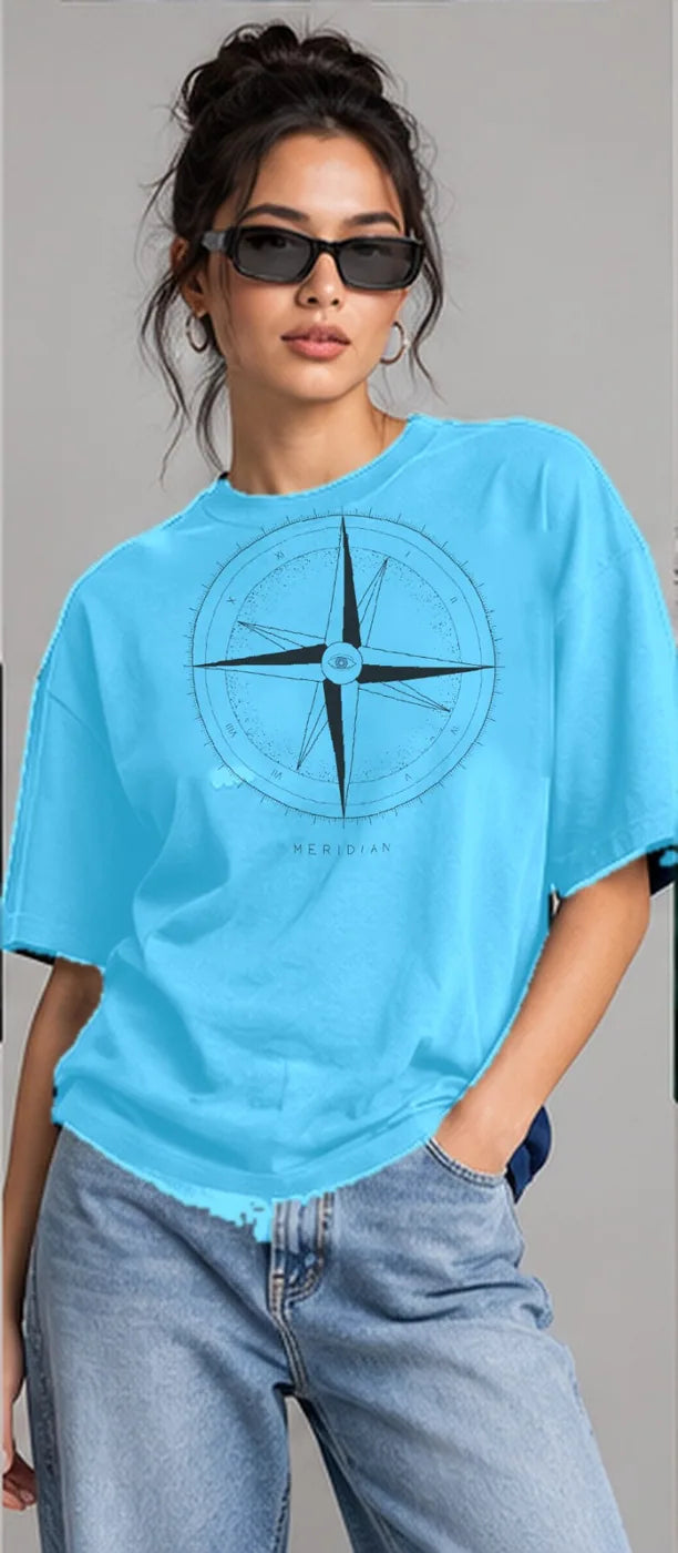 Model wearing the Oztra Meridian tee in aqua blue