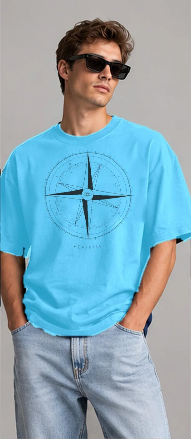 Model wearing the Oztra Meridian tee in aqua blue