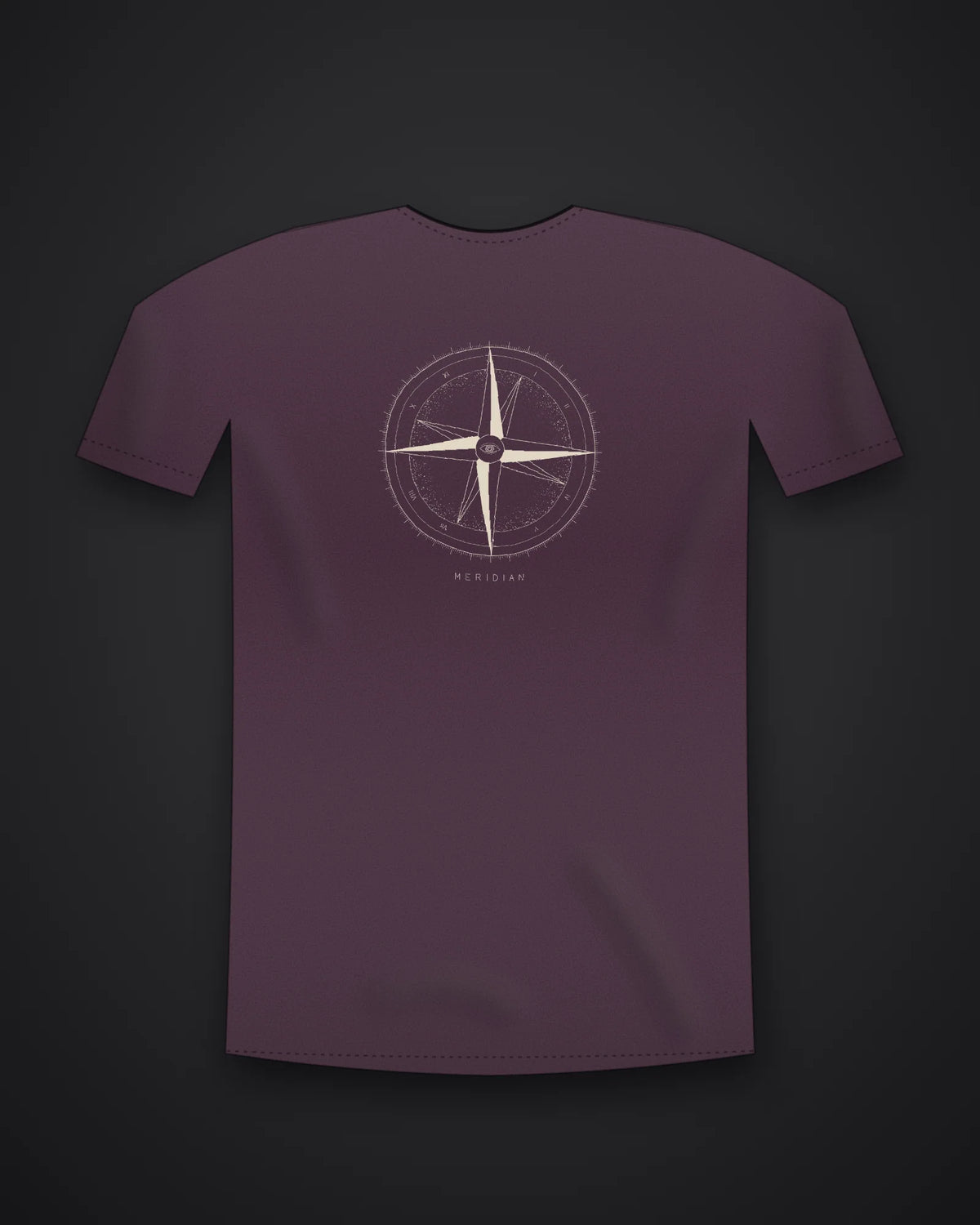 Oztra Meridian aubergine tee, front view showing the Meridian print
