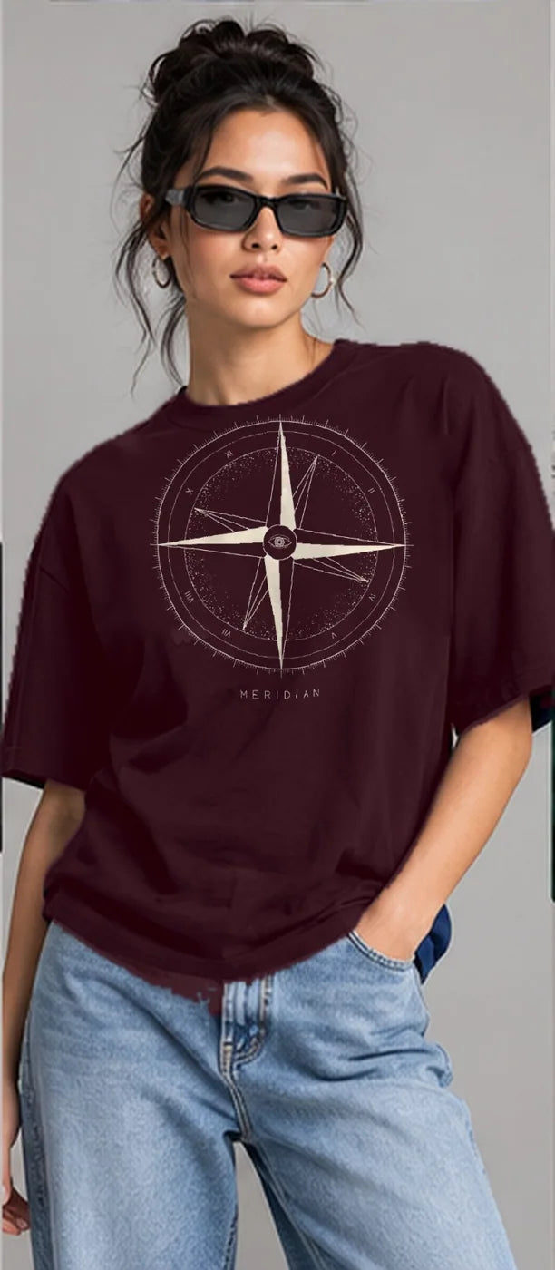 Model wearing the Oztra Meridian tee in aubergine