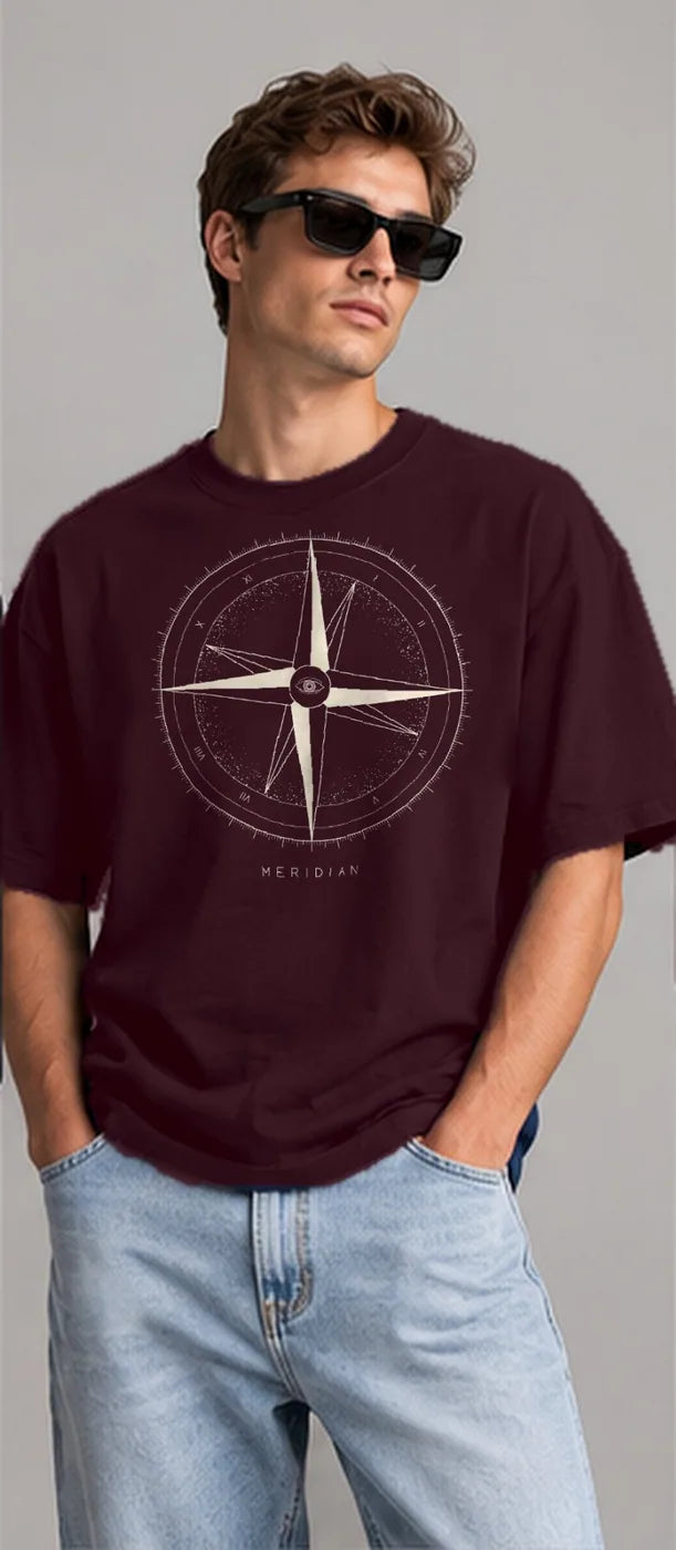 Model wearing the Oztra Meridian tee in aubergine