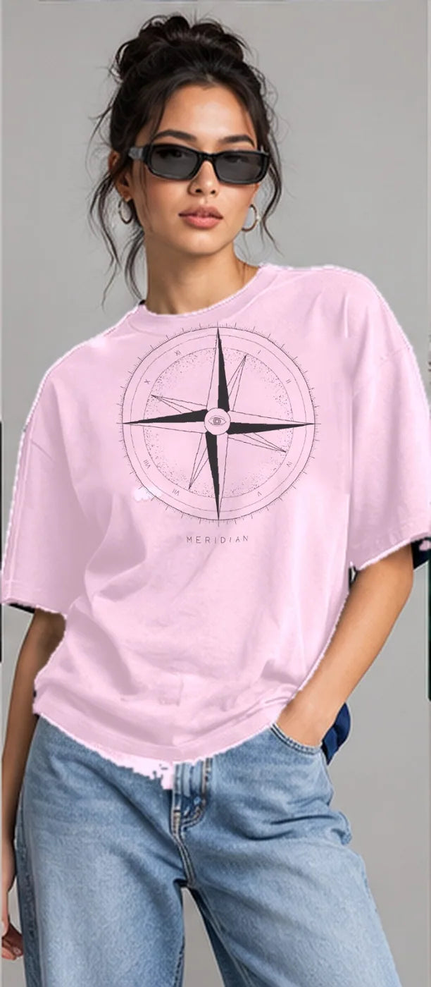 Model wearing the Oztra Meridian tee in baby pink