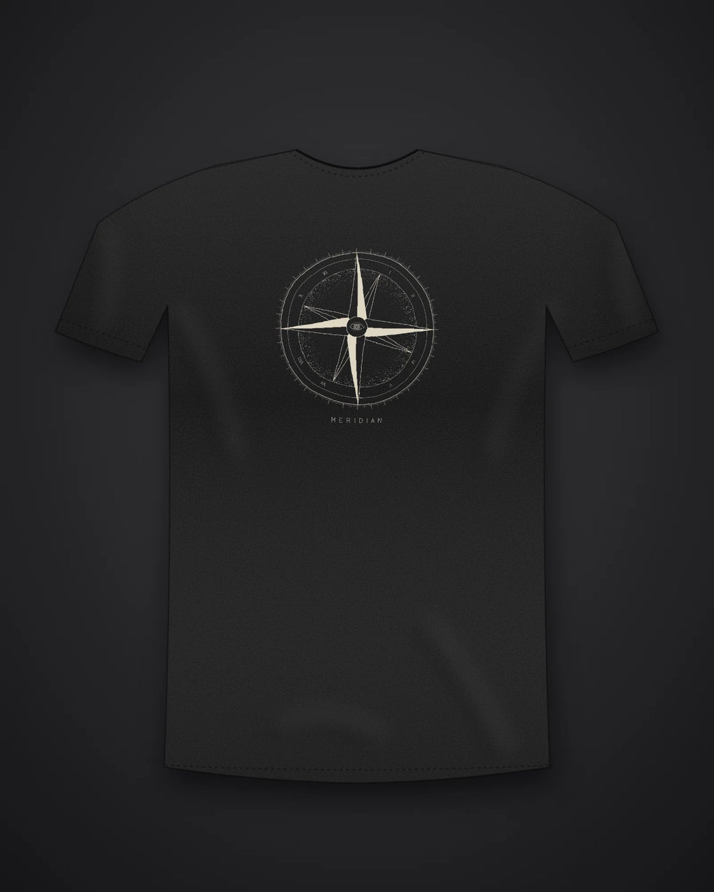 Oztra Meridian black tee, front view showing the Meridian print
