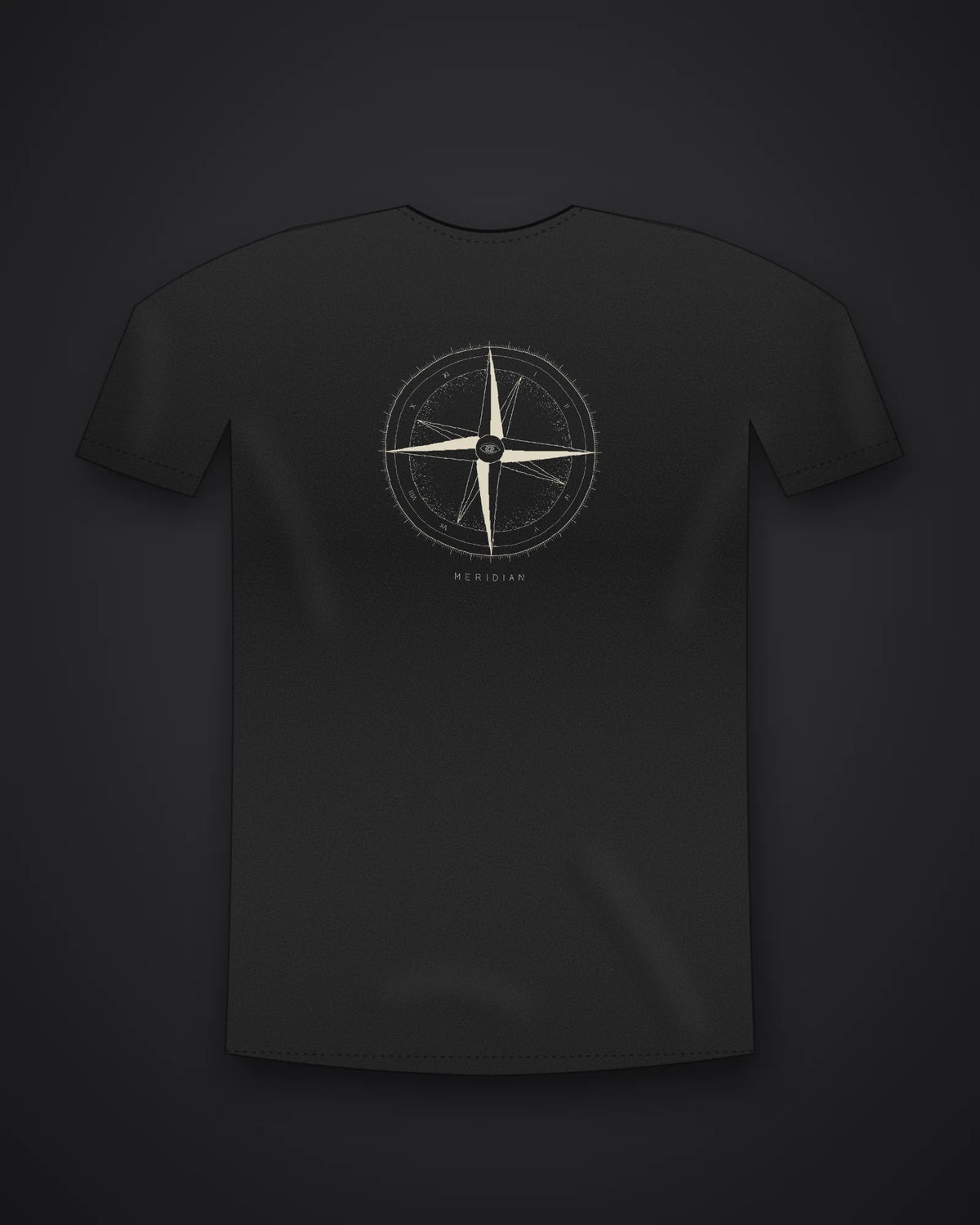 Oztra Meridian black tee, front view showing the Meridian print