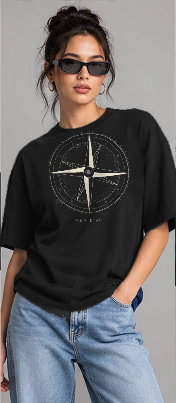 Model wearing the Oztra Meridian tee in black