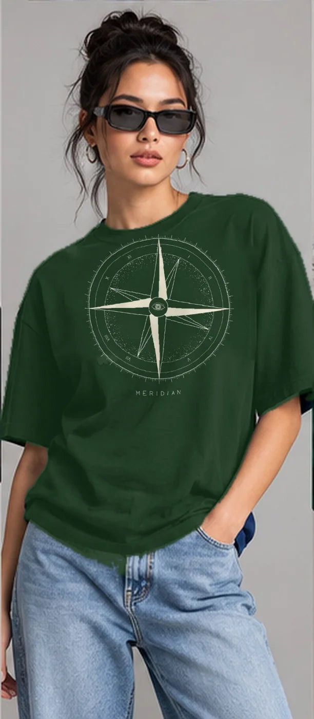 Model wearing the Oztra Meridian tee in bottle green