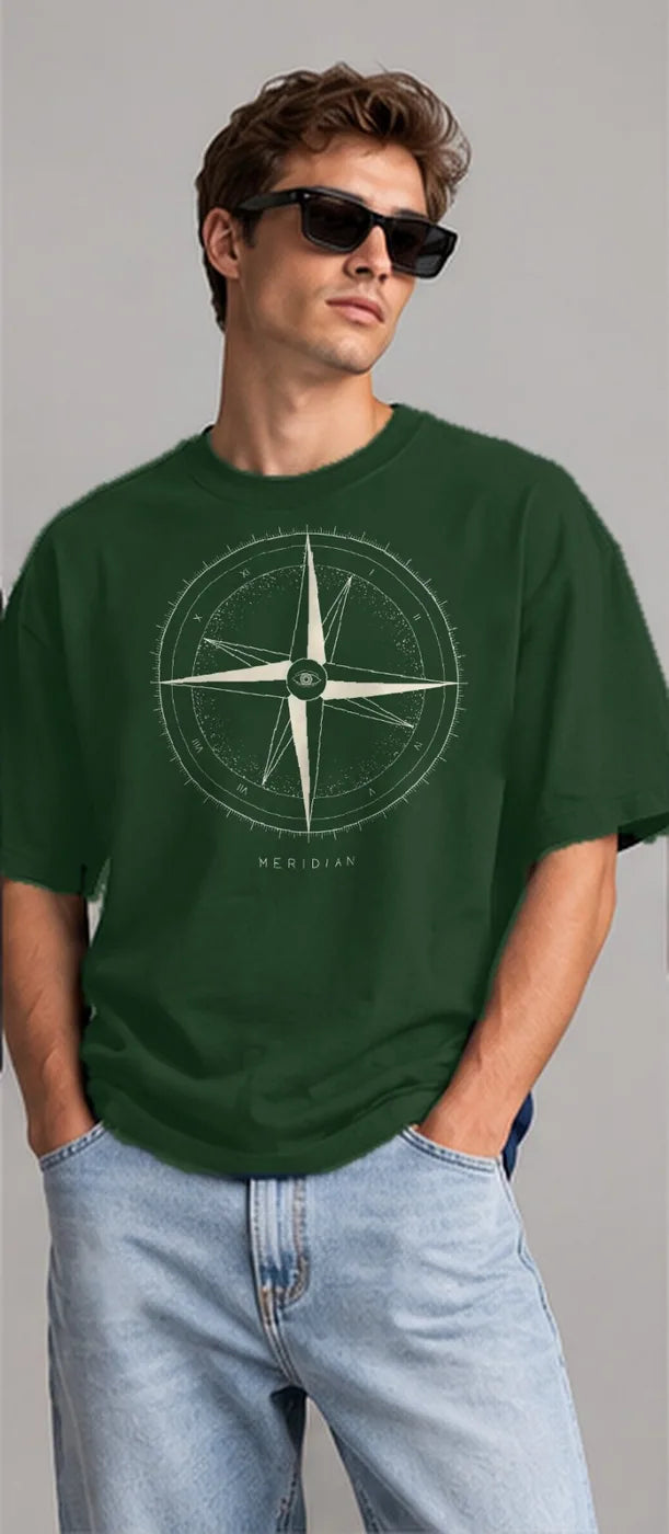Model wearing the Oztra Meridian tee in bottle green