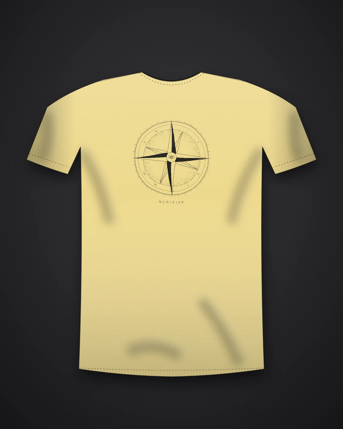 Oztra Meridian butter yellow tee, front view showing the Meridian print