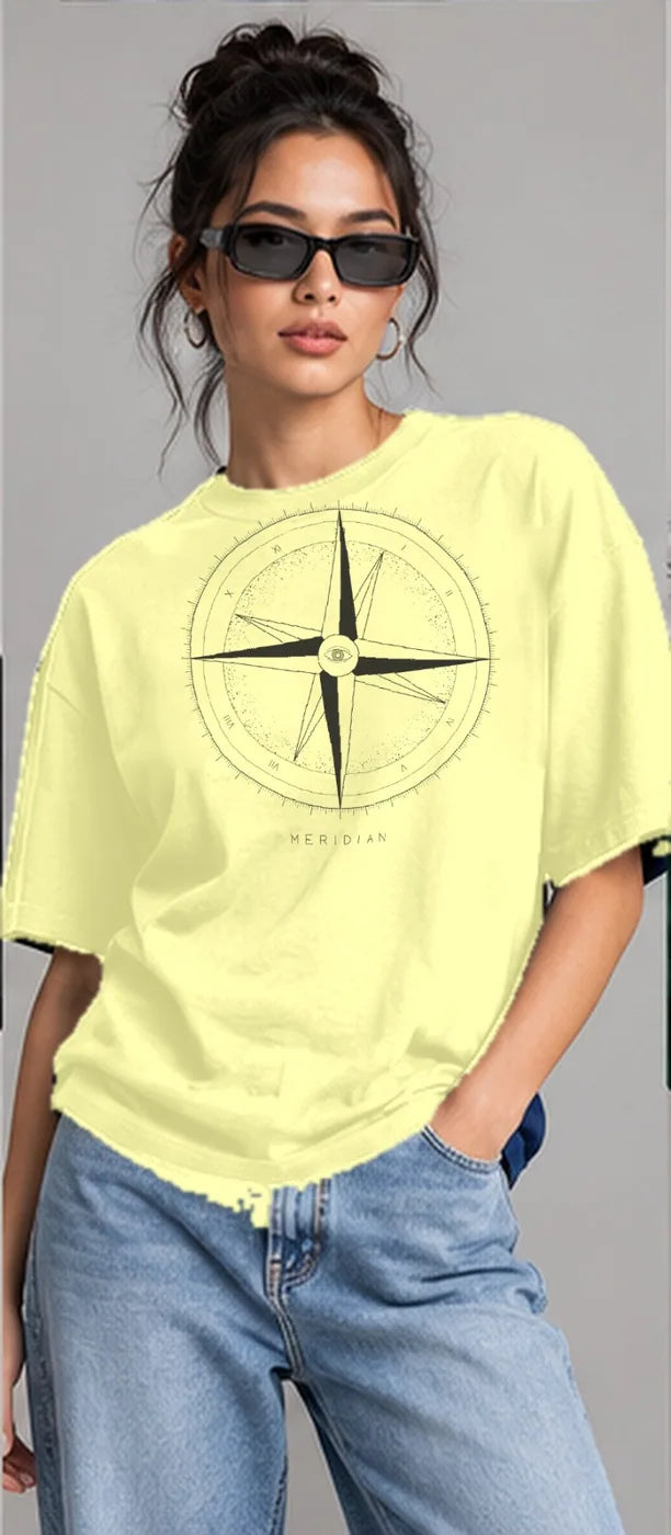 Model wearing the Oztra Meridian tee in butter yellow