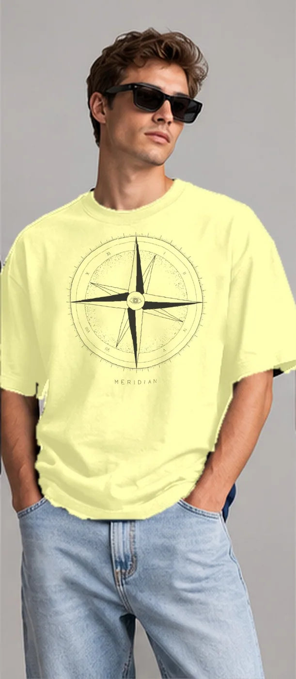 Model wearing the Oztra Meridian tee in butter yellow