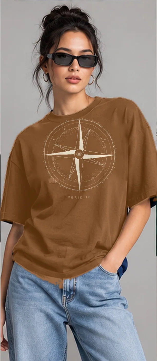Model wearing the Oztra Meridian tee in caramel