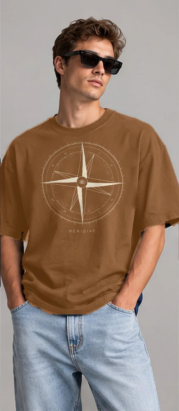 Model wearing the Oztra Meridian tee in caramel